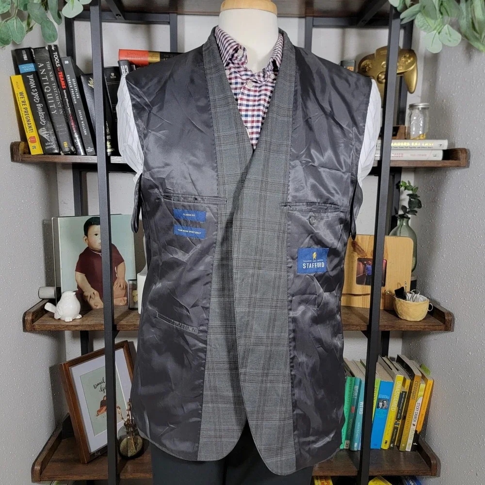 Stafford Men's Sport Coat Blazer Two Button Gray Brown Plaid Classic‎ Fit Sz 44R